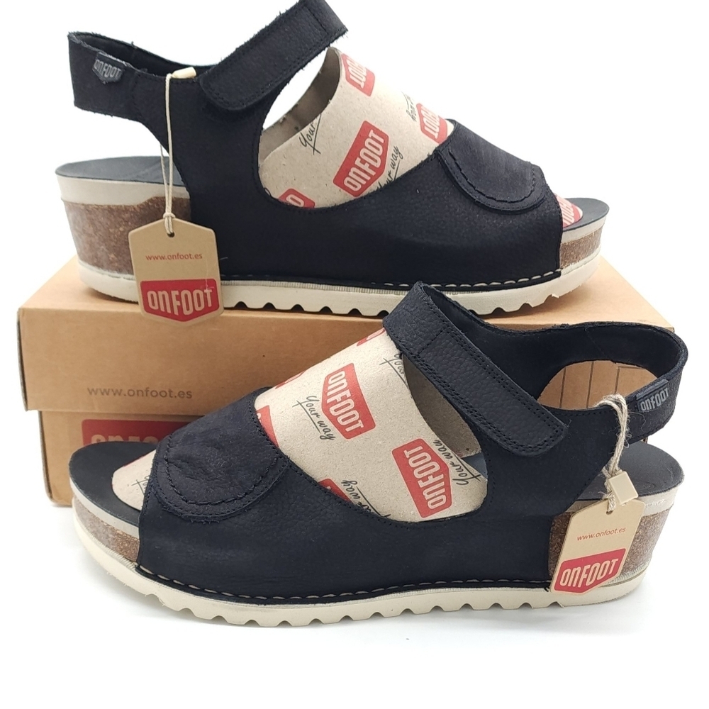 On Foot Wedge Casual Comfort Sandal Black Suede Leather Size 41 US 9.5